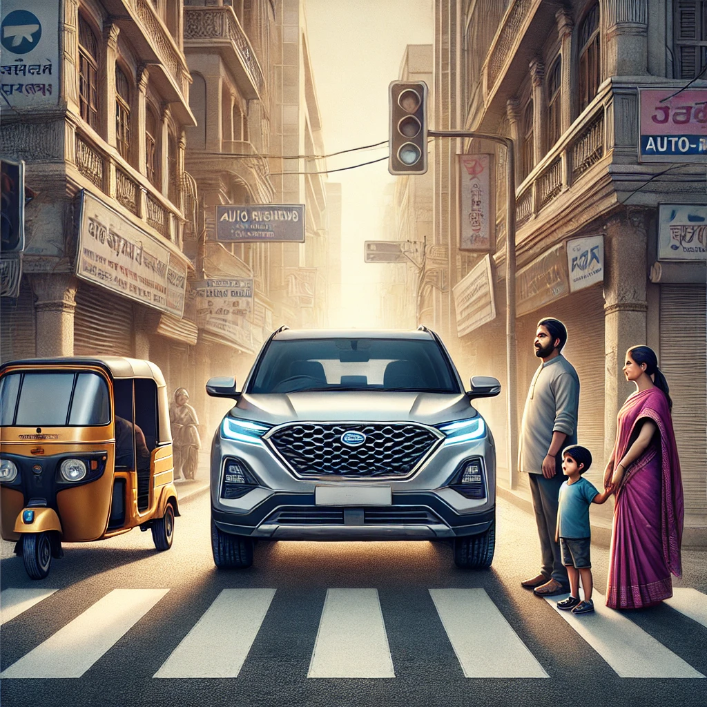 image of a family trying to cross a road in india with SUV in background